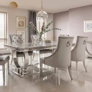 Dining Table and Chairs Set with Marble Top Stainless Steel Frame Table and Chair Set Easy to Clean Panels Dining Room Furniture