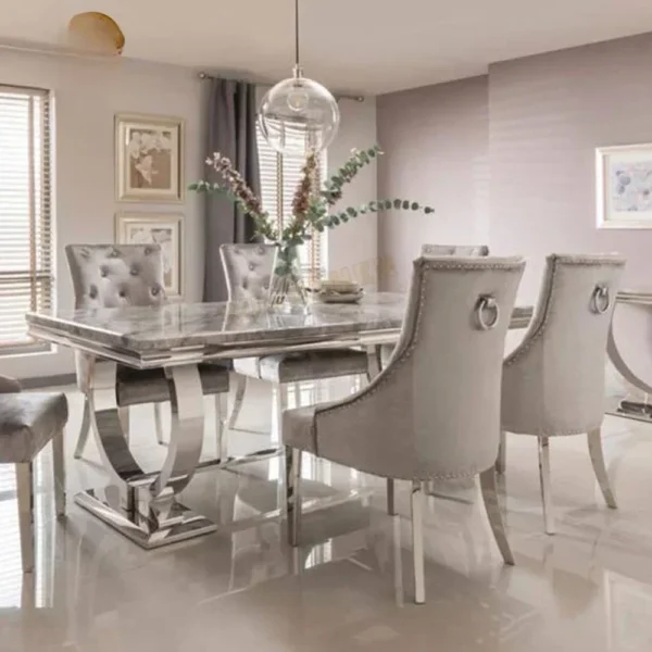 Dining Table and Chairs Set with Marble Top Stainless Steel Frame Table and Chair Set Easy to Clean Panels Dining Room Furniture