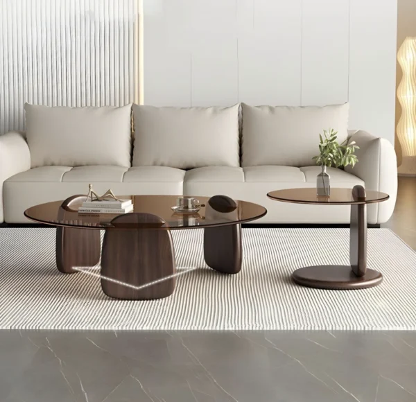 Glass Round Coffee Table Nesting Table Set of 2, Rustic Low Coffee Table Modern Center Table with Wood Base, Brown Glass Accent - Image 3