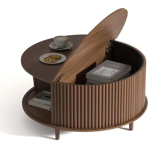 Round Coffee Table with Storage,Mid Century Modern Dining Table with Sliding Cabinet Door for Living Room - Image 6