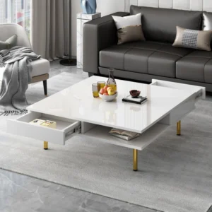 Exquisite High Gloss Coffee Table with 4 Golden Legs and 2 Small Drawers, 2-Tier Square Center Table for Living Room, White
