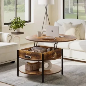 Round Lift Top Small Coffee Table with Storage Modern Farmhouse Center Table with Shelf 2 Tier Circle Table