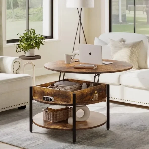Round Lift Top Small Coffee Table with Storage Modern Farmhouse Center Table with Shelf 2 Tier Circle Table