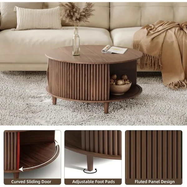 Round Coffee Table with Storage,Mid Century Modern Dining Table with Sliding Cabinet Door for Living Room - Image 3