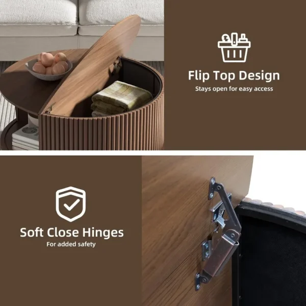 Round Coffee Table with Storage,Mid Century Modern Dining Table with Sliding Cabinet Door for Living Room - Image 4
