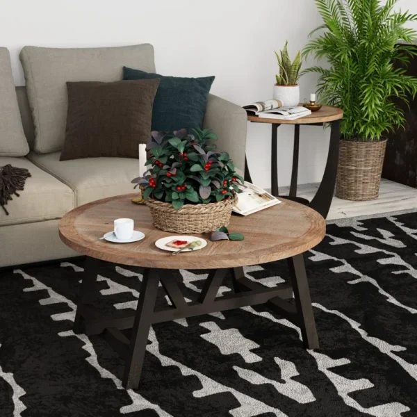 Rustic Farmhouse Coffee Table with Geometric Base, French Country Accent Table for Family, Dinning or Living Room, Modern, Round - Image 4