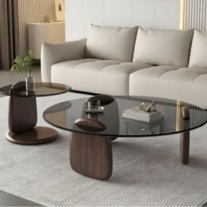 Glass Round Coffee Table Nesting Table Set of 2, Rustic Low Coffee Table Modern Center Table with Wood Base, Brown Glass Accent