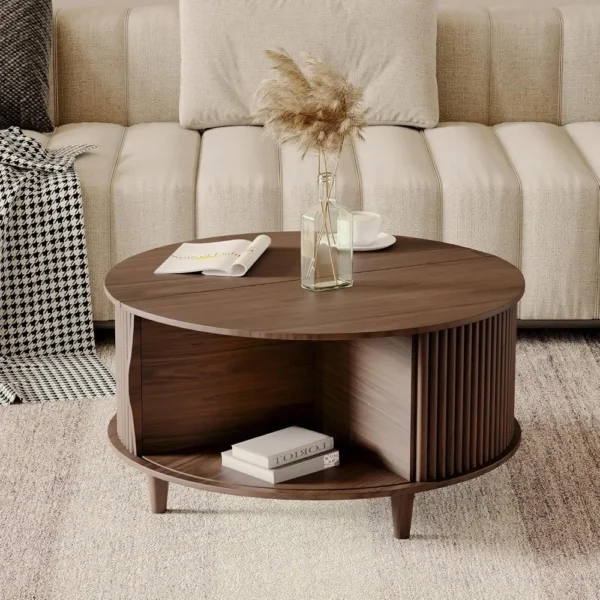 Round Coffee Table with Storage,Mid Century Modern Dining Table with Sliding Cabinet Door for Living Room - Image 5