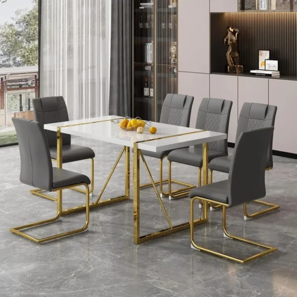 Modern Rectangular Dining Table Set with 6 PU Leather Chairs, Grey Upholstery and Golden Legs