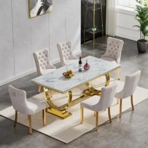 70-Inch Modern Imitation Marble Dining Table Set with 6 White Velvet Chairs