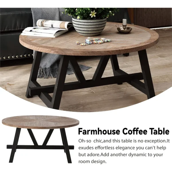 Rustic Farmhouse Coffee Table with Geometric Base, French Country Accent Table for Family, Dinning or Living Room, Modern, Round - Image 3