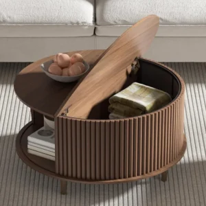 Round Coffee Table with Storage,Mid Century Modern Dining Table with Sliding Cabinet Door for Living Room