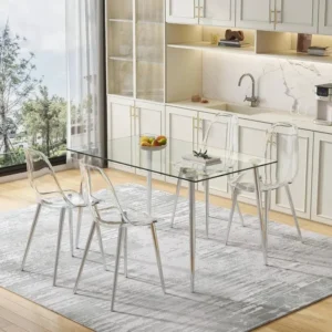 Modern Rectangle Dining Set for 4, Includes Tempered Glass Table with Plated Legs & Transparent Chairs