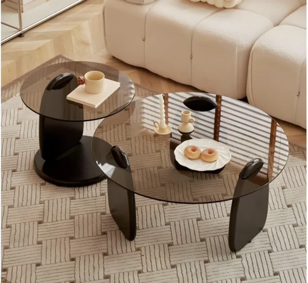 Glass Round Coffee Table Nesting Table Set of 2, Rustic Low Coffee Table Modern Center Table with Wood Base, Brown Glass Accent - Image 2