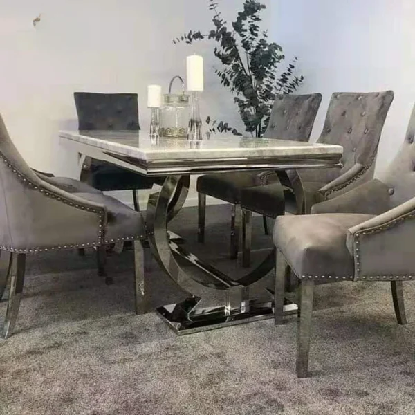Dining Table and Chairs Set with Marble Top Stainless Steel Frame Table and Chair Set Easy to Clean Panels Dining Room Furniture - Image 2