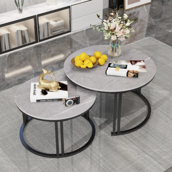Coffee Table Set of 2 Nesting Accent Tables White/Gray Marble Top Dual-support Frame Stacking Side Desk - Image 2