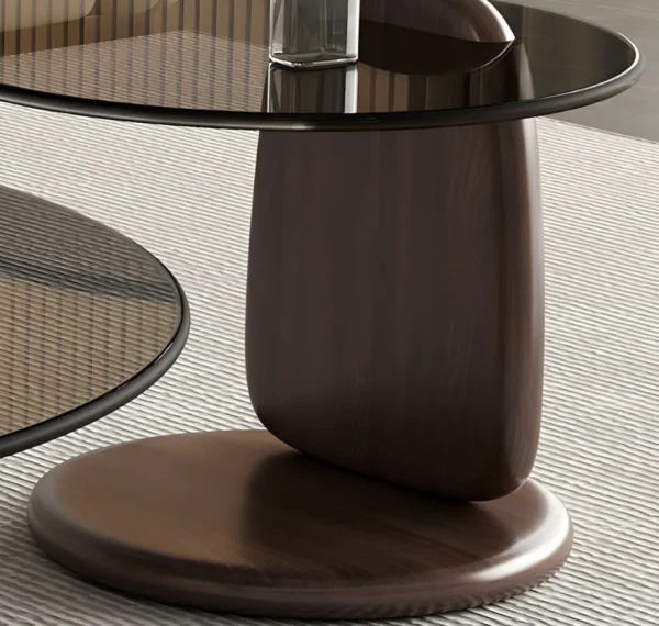 Glass Round Coffee Table Nesting Table Set of 2, Rustic Low Coffee Table Modern Center Table with Wood Base, Brown Glass Accent - Image 5