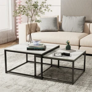 LUVODI Rectangle White Nesting Coffee Table Set Living Room Black Stack-able Accent Tables with Marble Tabletop