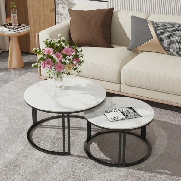 Coffee Table Set of 2 Nesting Accent Tables White/Gray Marble Top Dual-support Frame Stacking Side Desk - Image 3