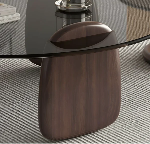 Glass Round Coffee Table Nesting Table Set of 2, Rustic Low Coffee Table Modern Center Table with Wood Base, Brown Glass Accent - Image 4