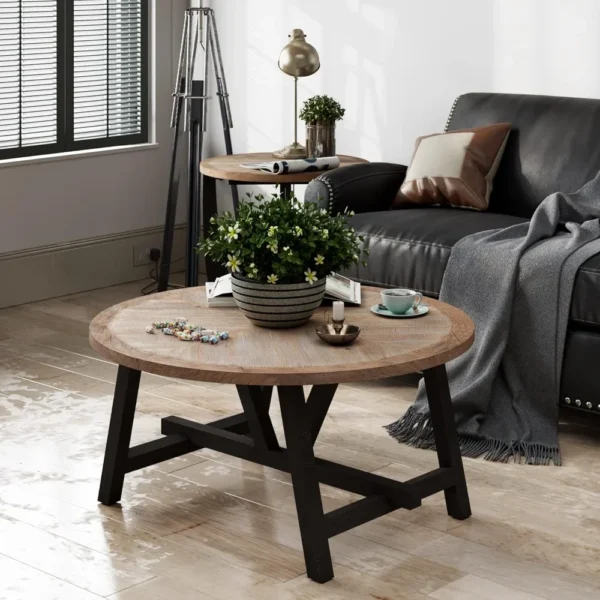 Rustic Farmhouse Coffee Table with Geometric Base, French Country Accent Table for Family, Dinning or Living Room, Modern, Round - Image 6